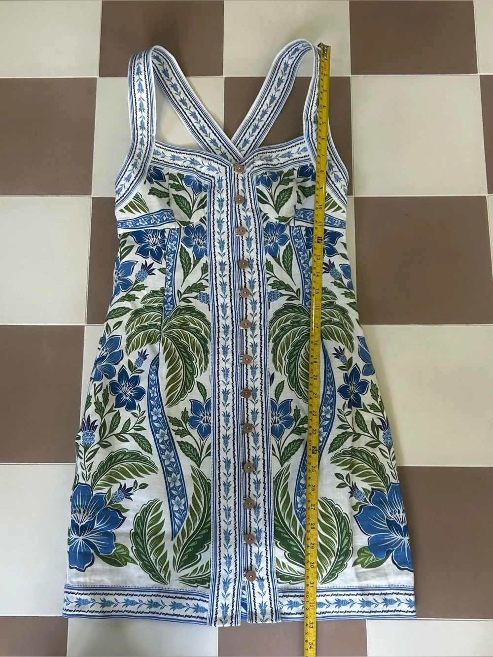 Farm Rio Tropicango Linen Mini Dress NWT S Blue Floral Crisscross Back $198 - Picture 9 of 9